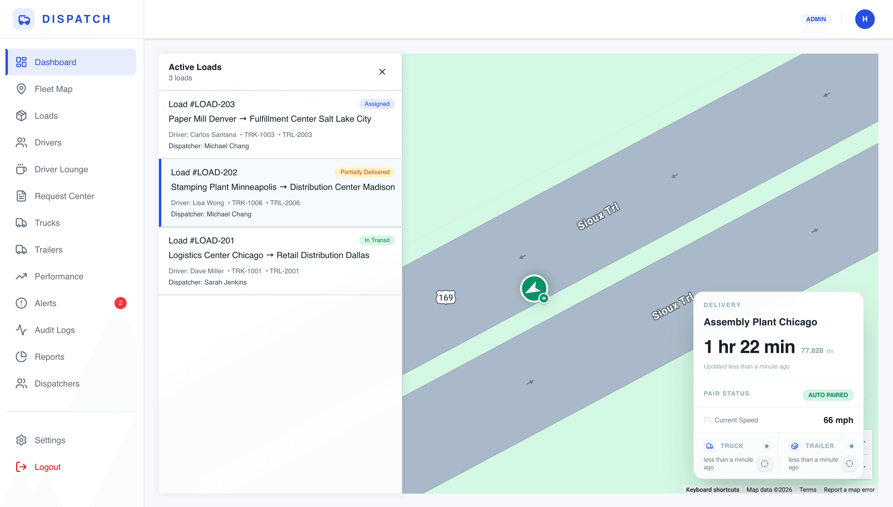 Dispatch dashboard showing active loads, fleet map, driver status, and delivery ETA