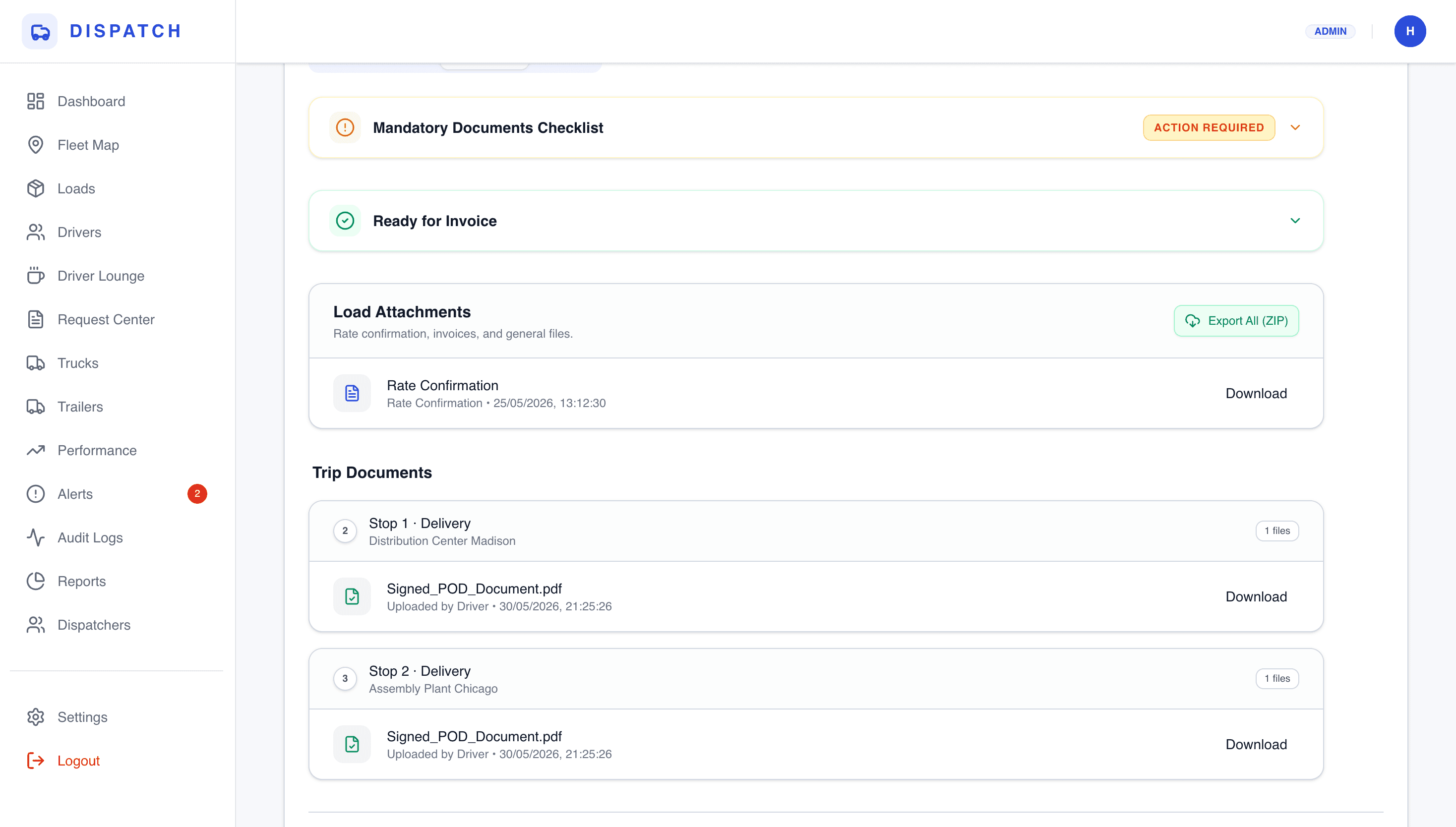 Document management view for PODs and BOLs
