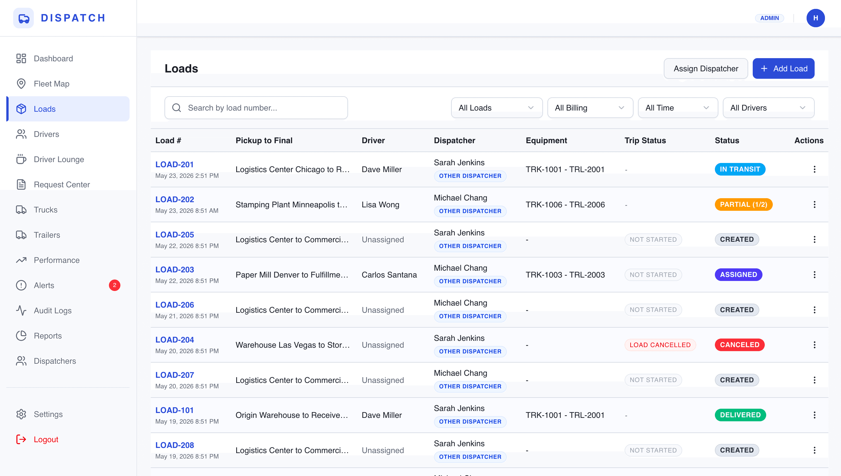 Active loads dashboard showing live statuses