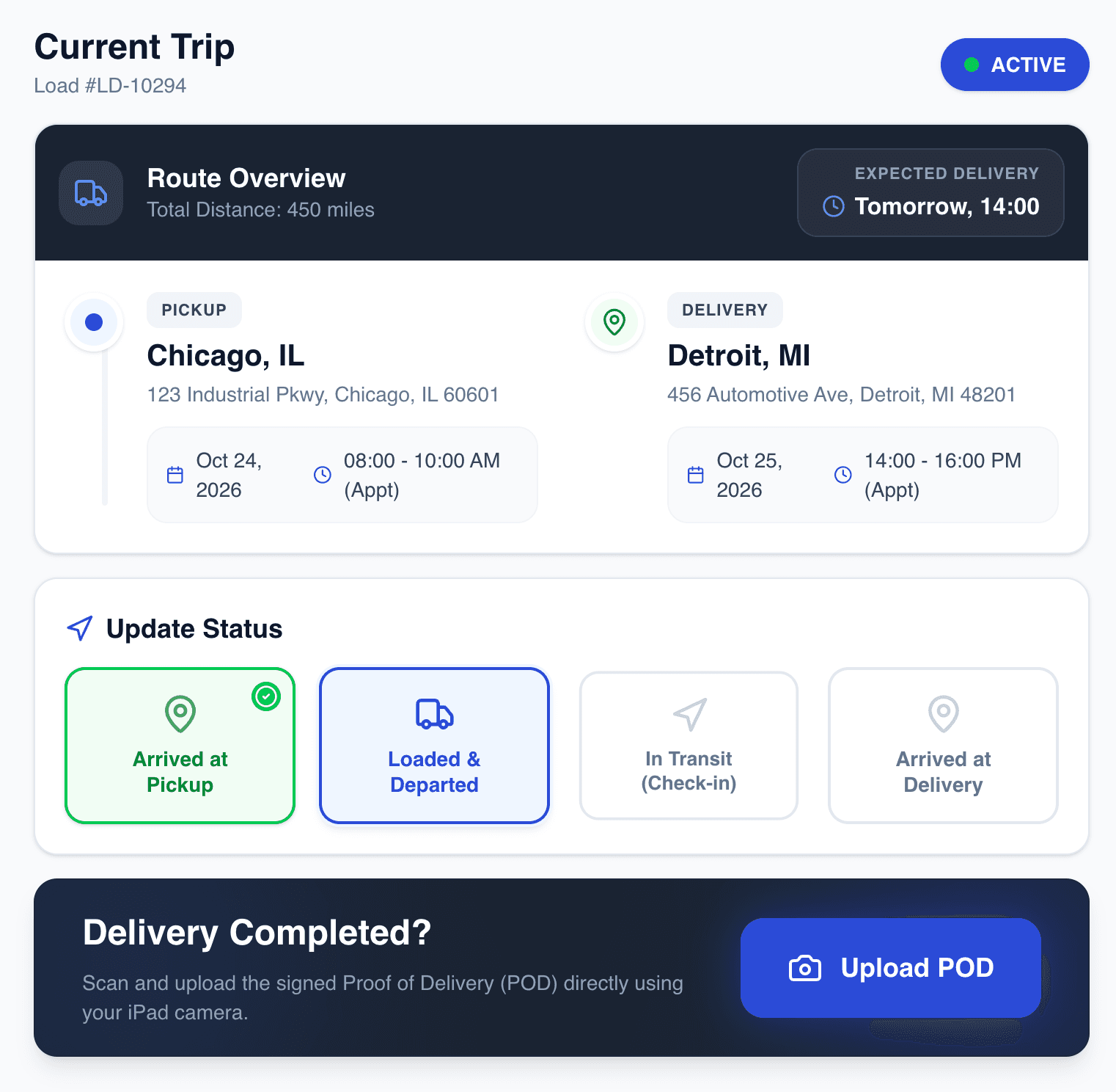 Driver mobile view for updating status and uploading PODs